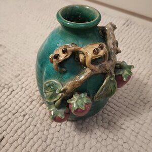 Antique glazed majolica vase with frogs and berries